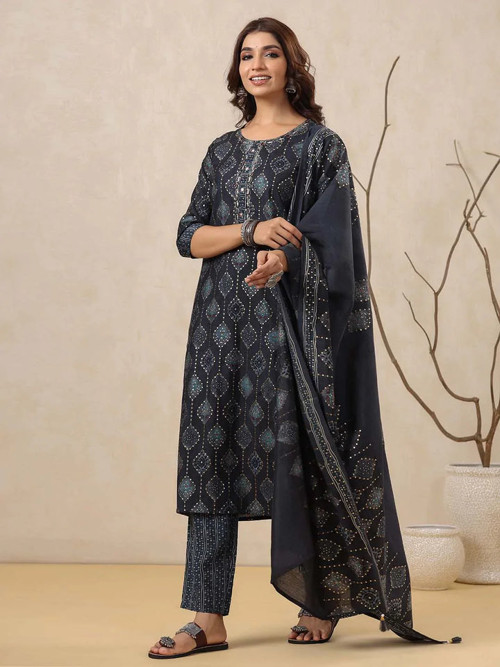 Block Printed Muslin Kurta With Pants &amp; Dupatta
