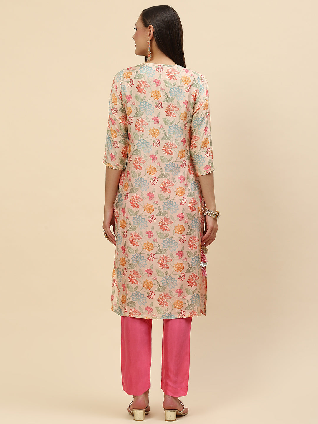 Zari Embroidered &amp; Printed Cotton Kurta With Pants
