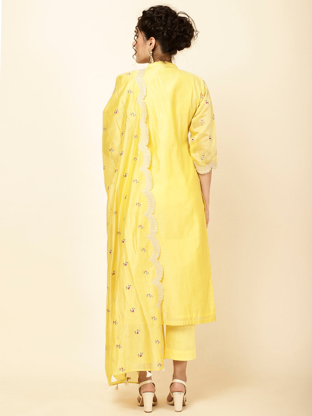 Floral Embroidered Chanderi Kurta With Pants &amp; Dupatta