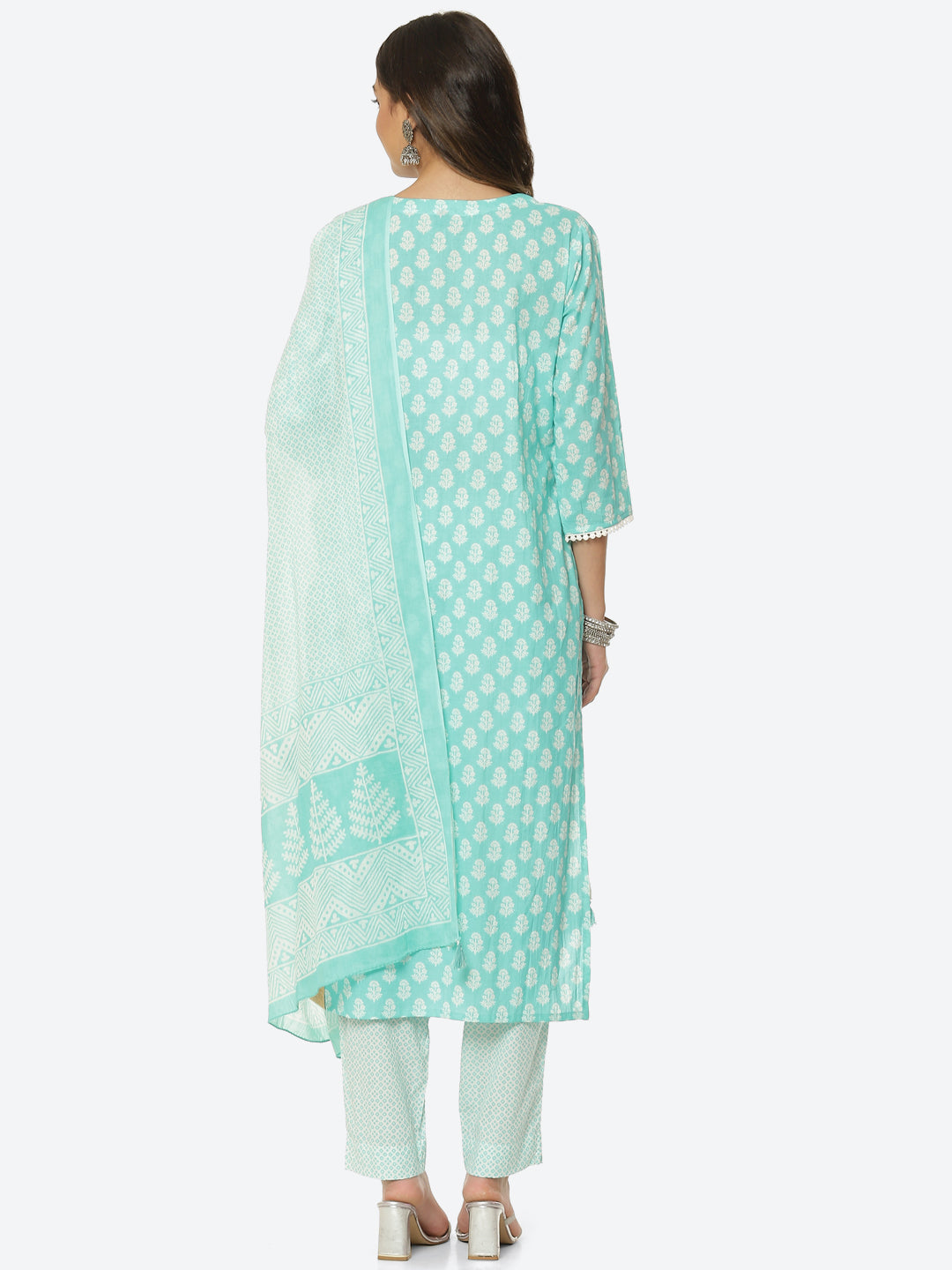 Floral Printed Cotton Kurta With Pant &amp; Dupatta