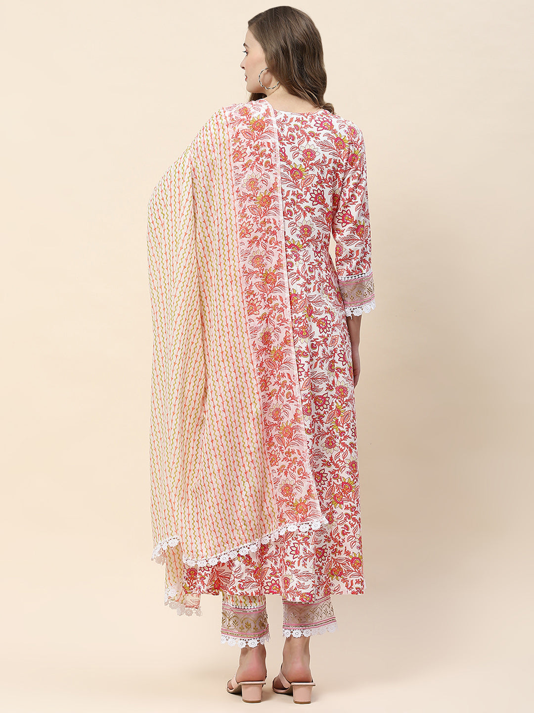 Floral Print Cotton Suit Set With Dupatta