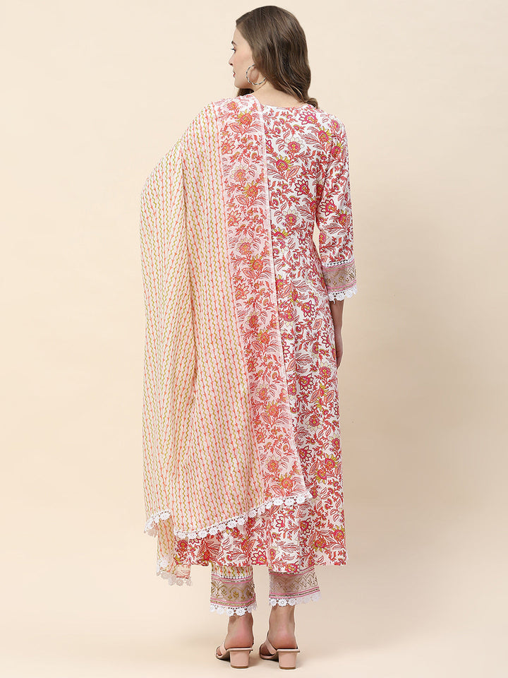 Floral Print Cotton Suit Set With Dupatta