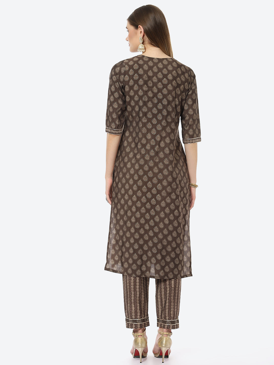 Zari Neck Embroidered Printed Cotton Kurta With Pant