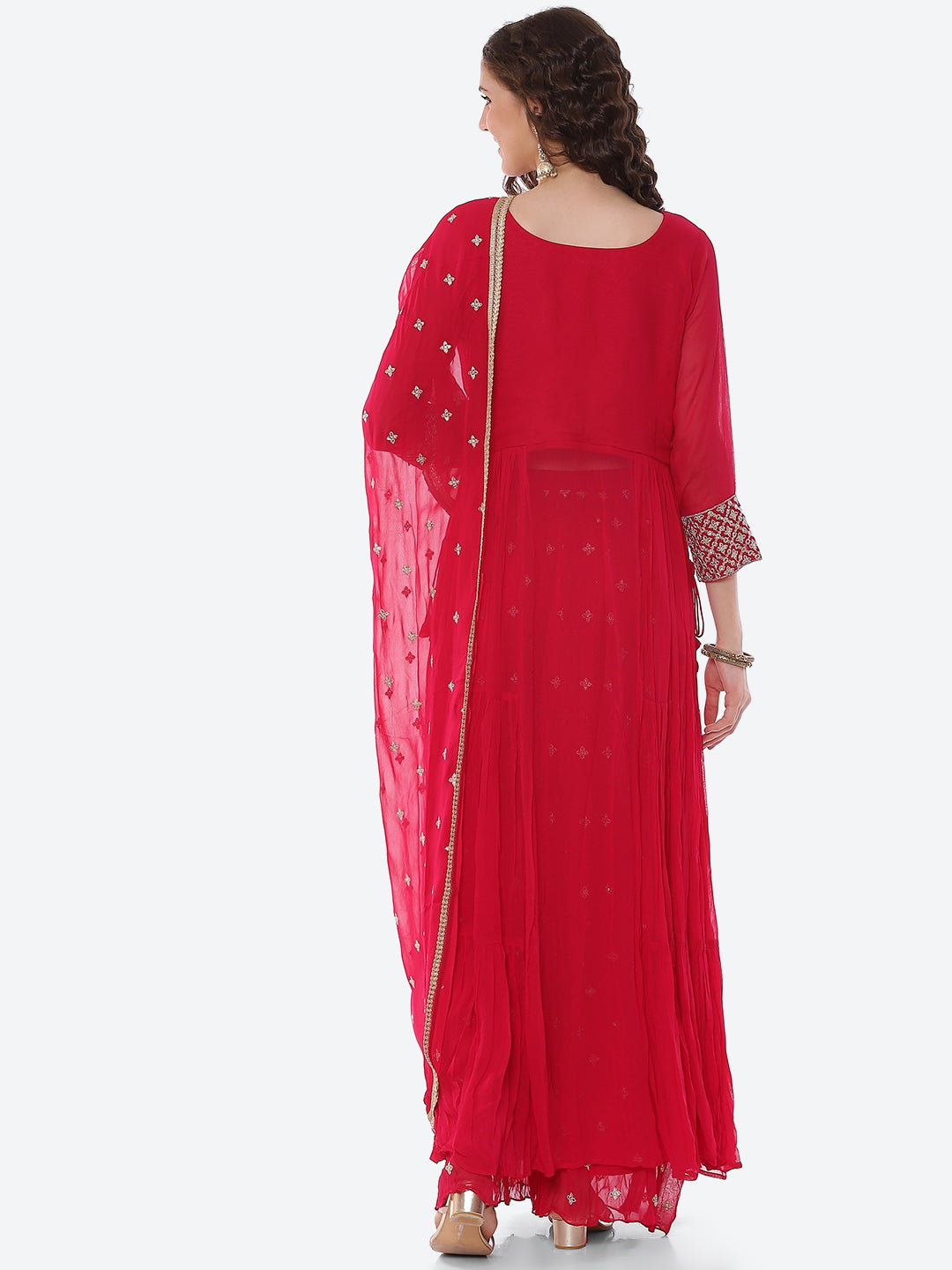 Zari Booti Neck Embroidered Georgette Kurta With Palazzo &amp; Dupatta