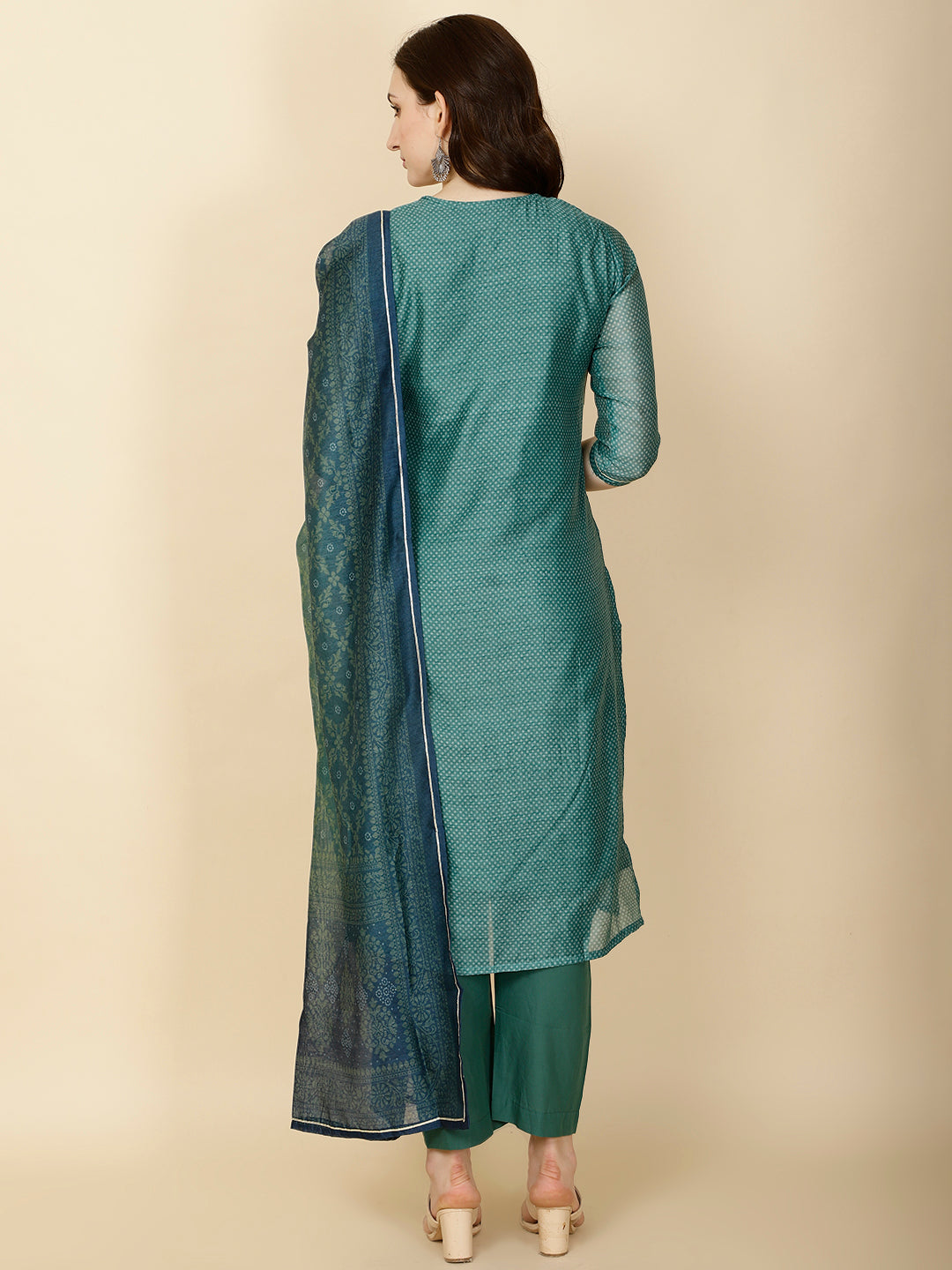 Neck Gota Patti &amp; Printed Chanderi Kurta With Pants &amp; Dupatta