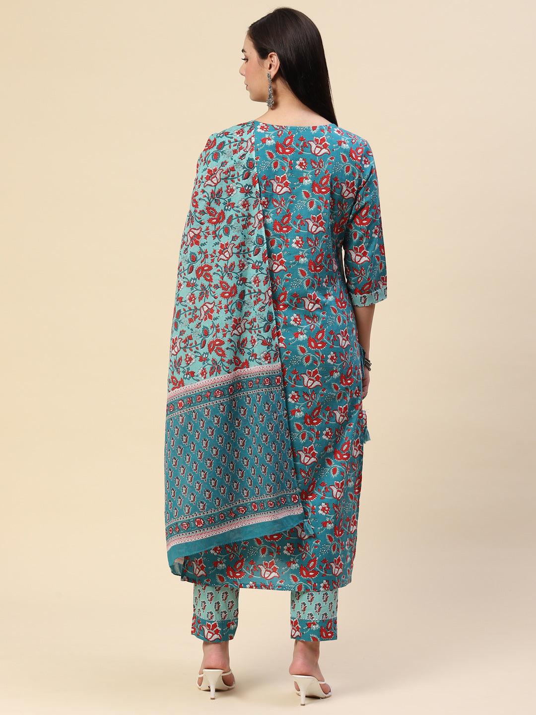 Block Printed Cotton Kurta With Pants &amp; Dupatta