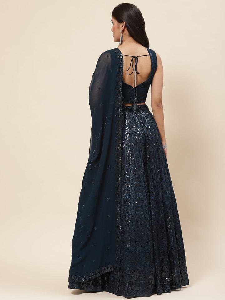 Sequin Embroidered Georgette Choli With Lehenga &amp; Dupatta
