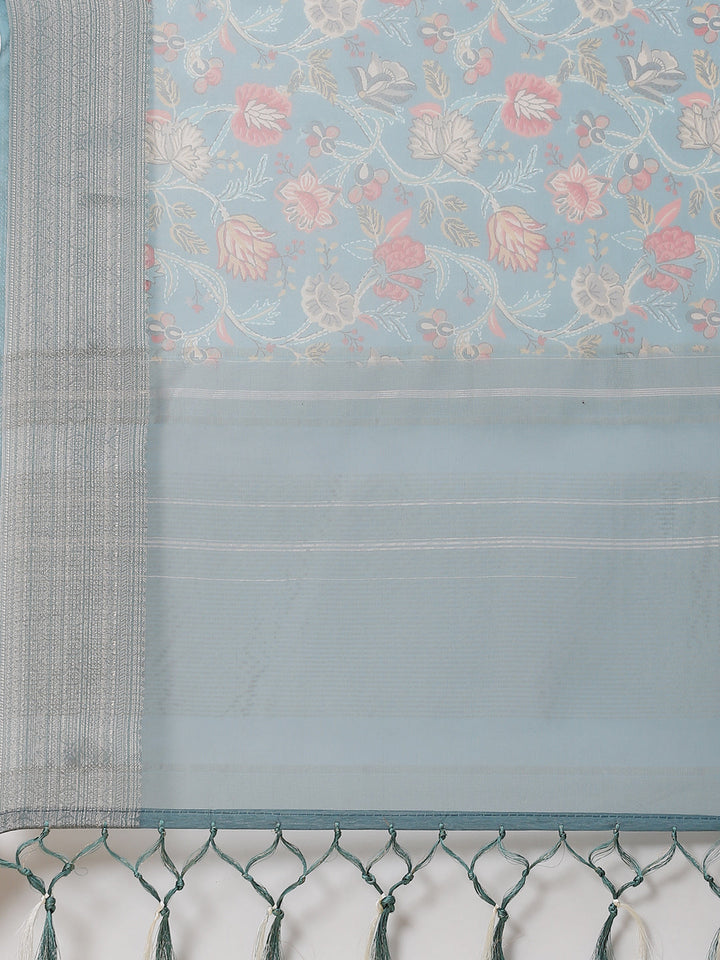 Floral Digital Printed Zari Border Organza Saree