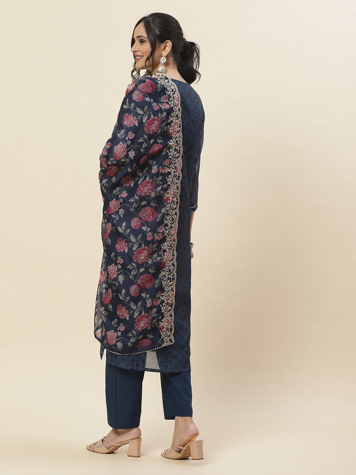 Printed &amp; Neck Embroidered Chanderi Kurta With Pants &amp; Dupatta