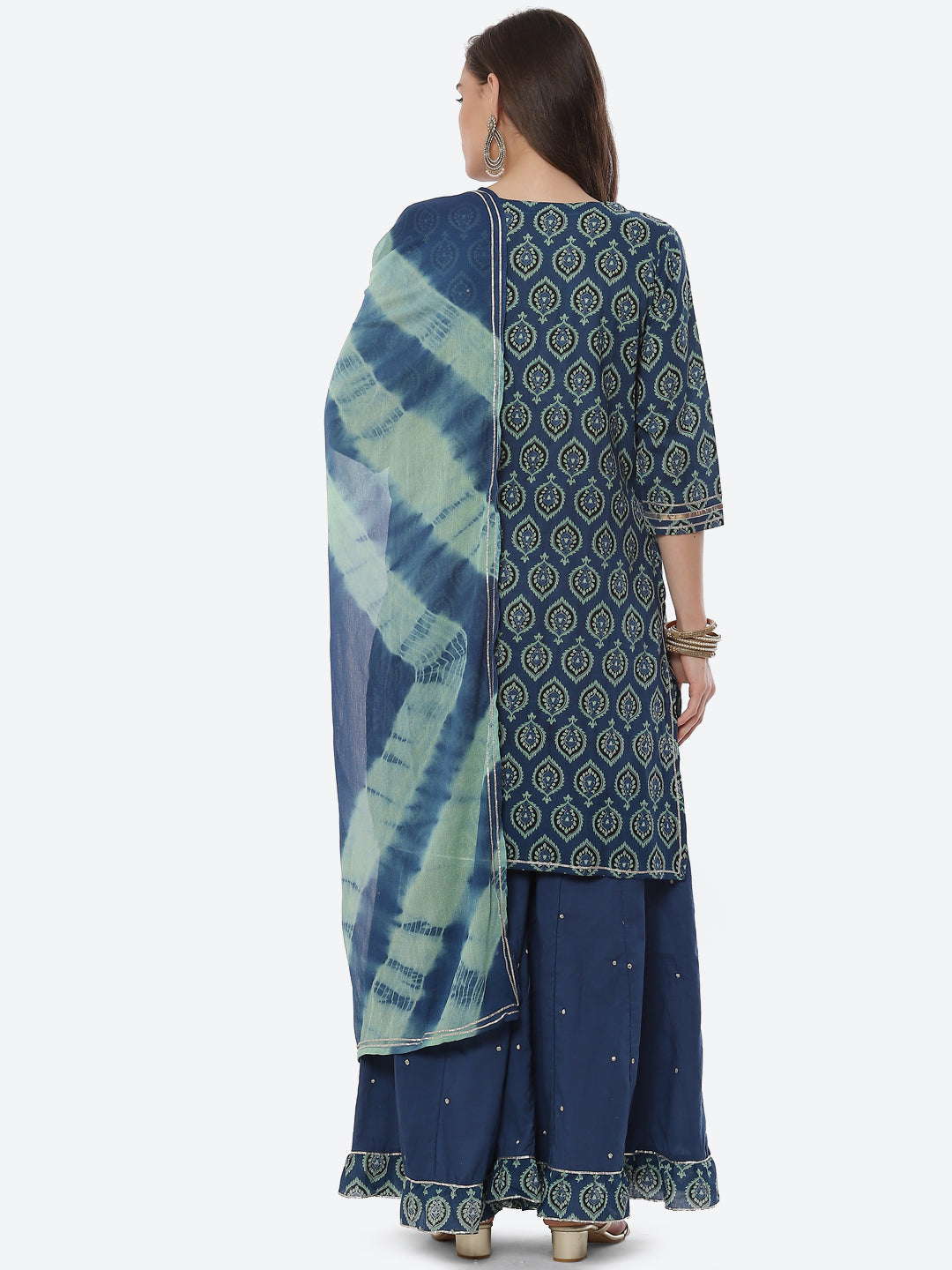 Printed Cotton Kurta With Garara &amp; Chiffon Dupatta