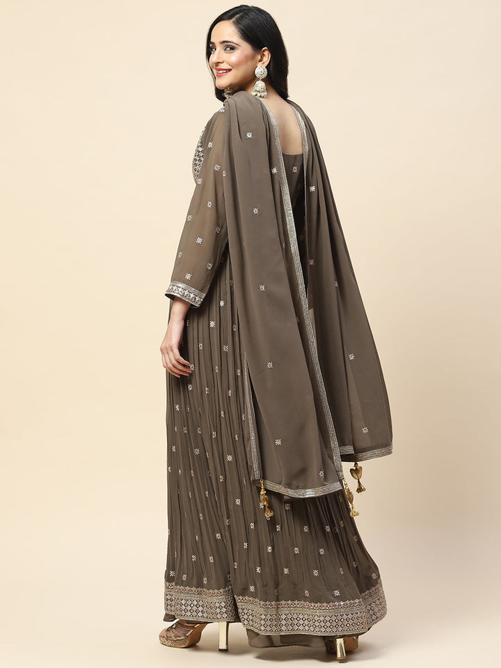 Sequin Embroidered Georgette Kurta With Sharara &amp; Dupatta