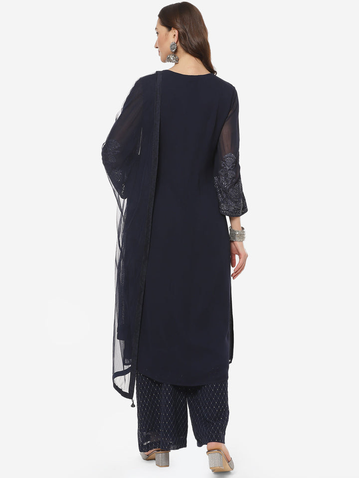 Solid Sequence Georgette Stitched Salwar Kameez With Net Dupatta