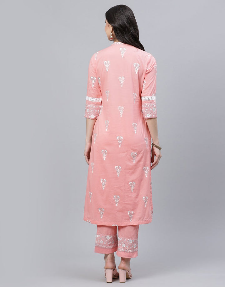 Printed Cotton Kurti Pant Set with Lace Detail