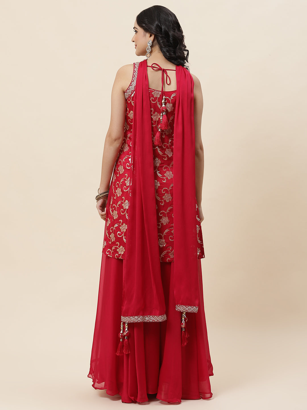 Floral Woven Georgette Kurta With Sharara &amp; Dupatta