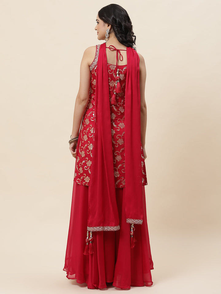 Floral Woven Georgette Kurta With Sharara &amp; Dupatta