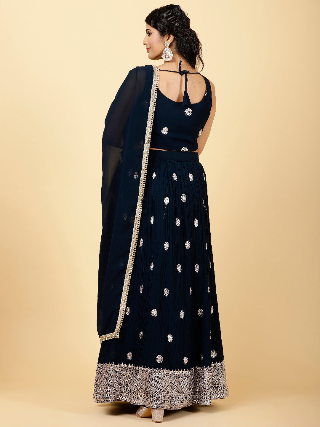 Sequin Embroidered Georgette Choli With Lehenga &amp; Dupatta