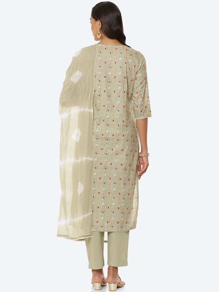 Floral Printed Cotton Kurta With Pant &amp; Cotton Dupatta