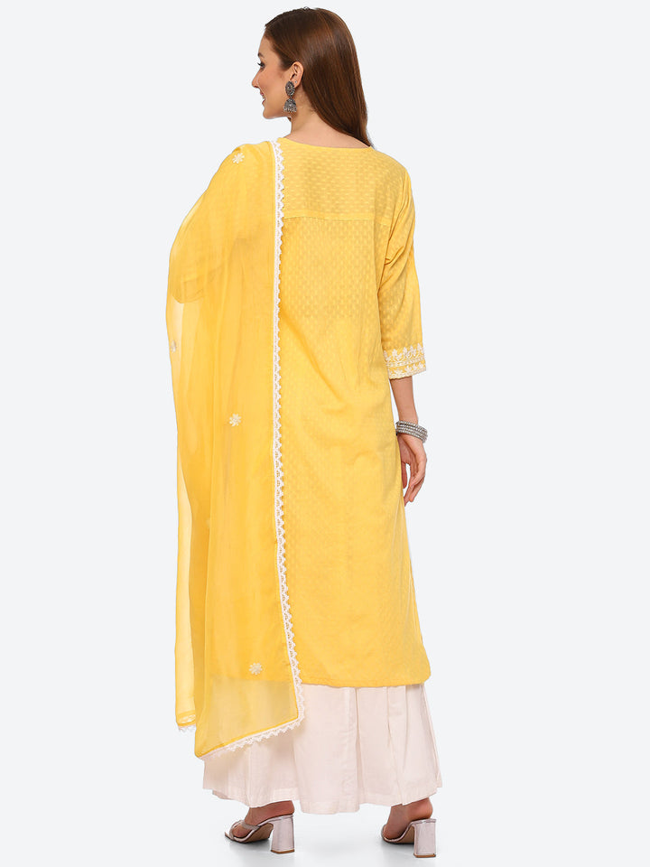 Resham Neck Embroidered Cotton Kurta With Sharara &amp; Dupatta