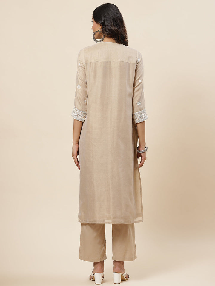Embroidered Chanderi Kurta With Pants