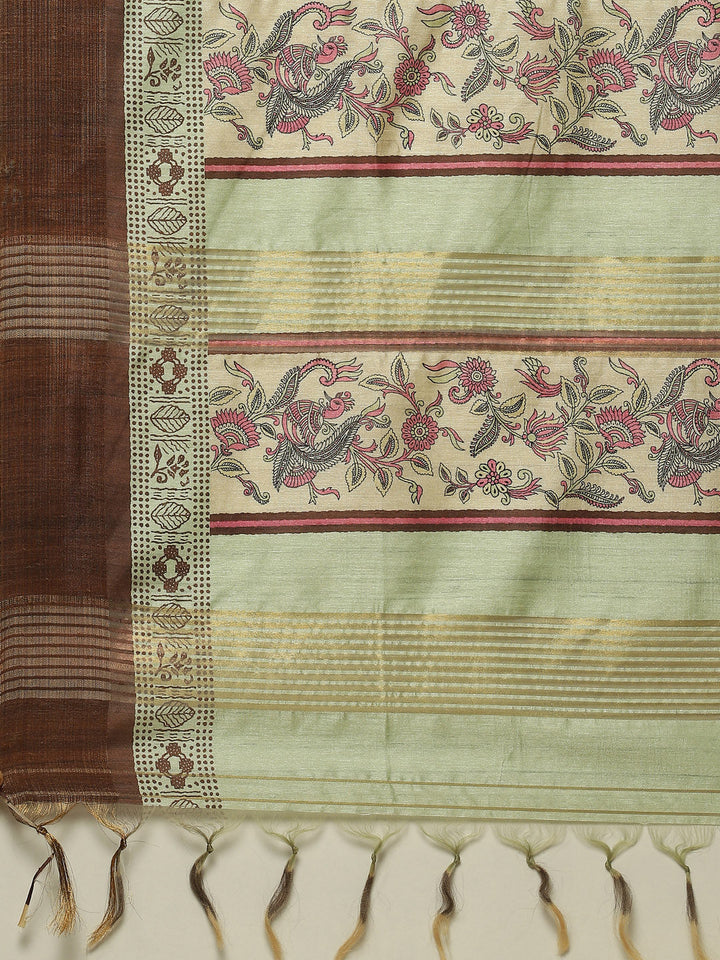 Digital Floral Zari Border Tussar Saree