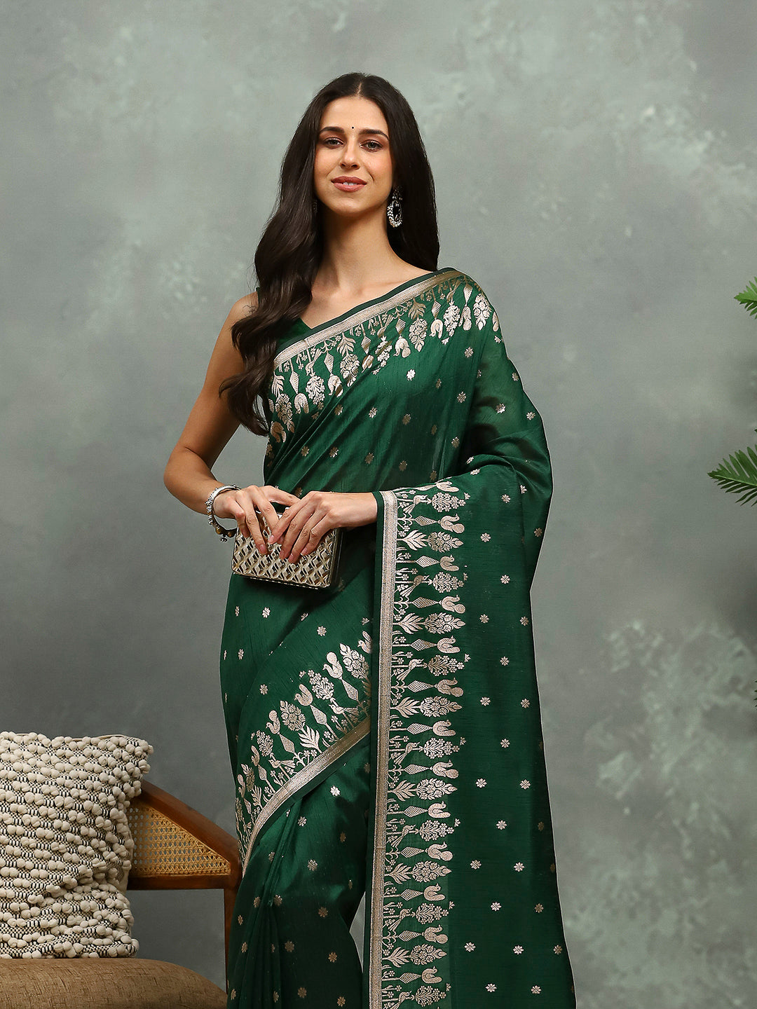 Zari Border Booti Cotton Blend Woven Saree