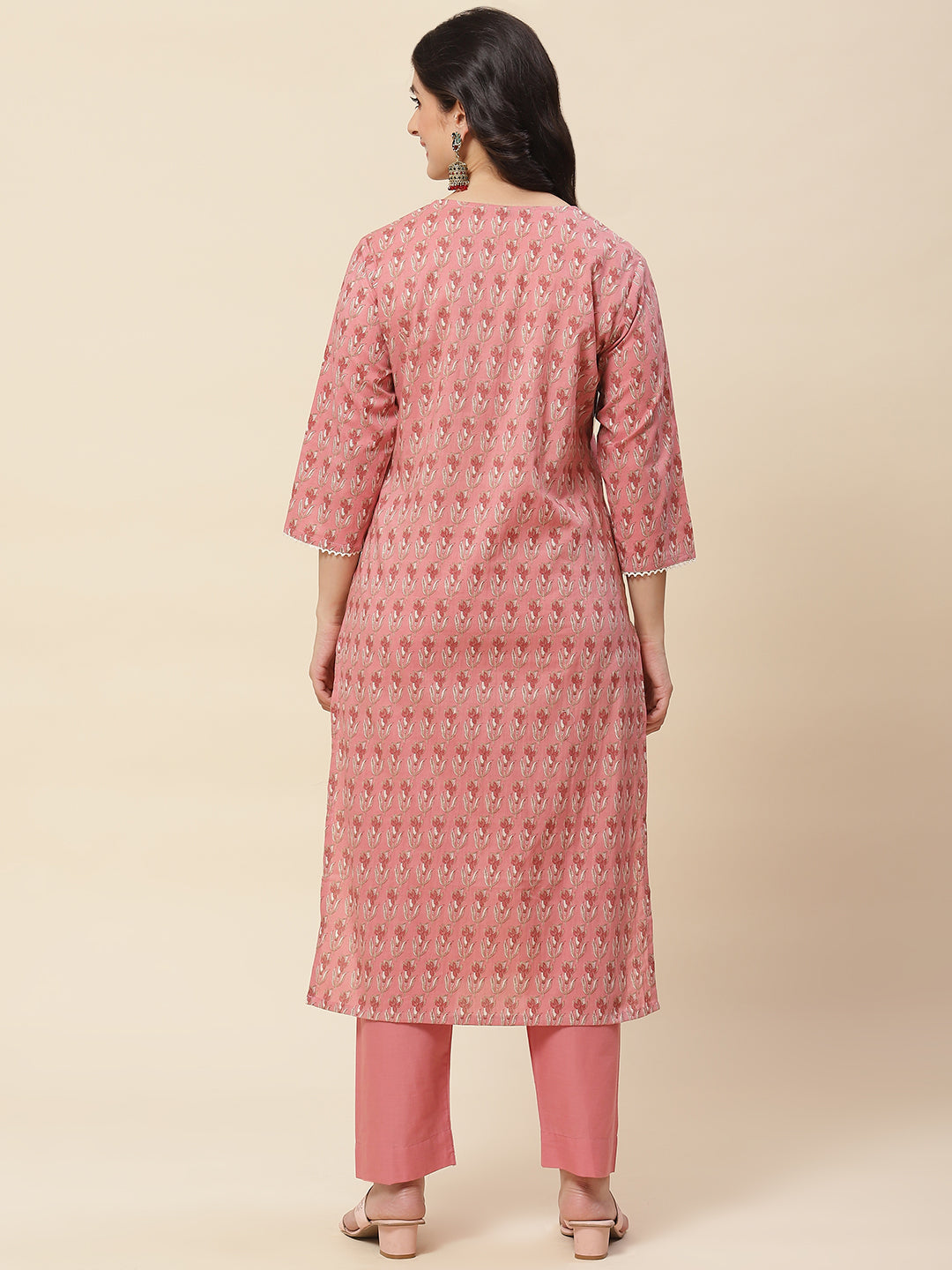 Printed  &amp; Neck Embroidered Cotton Kurta With Pants