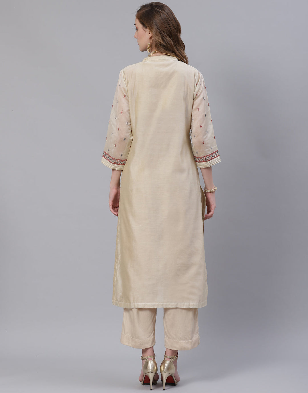Embroidered Cotton Kurta With Pant &amp; Chanderi Dupatta