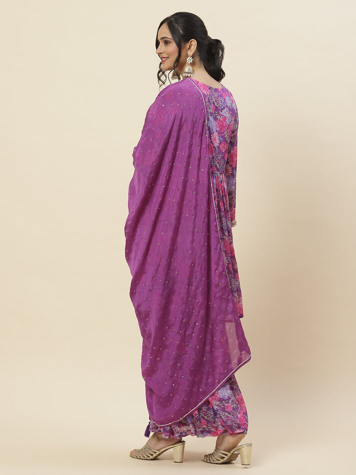 Floral Printed Chinnon Kurti With Garara &amp; Dupatta