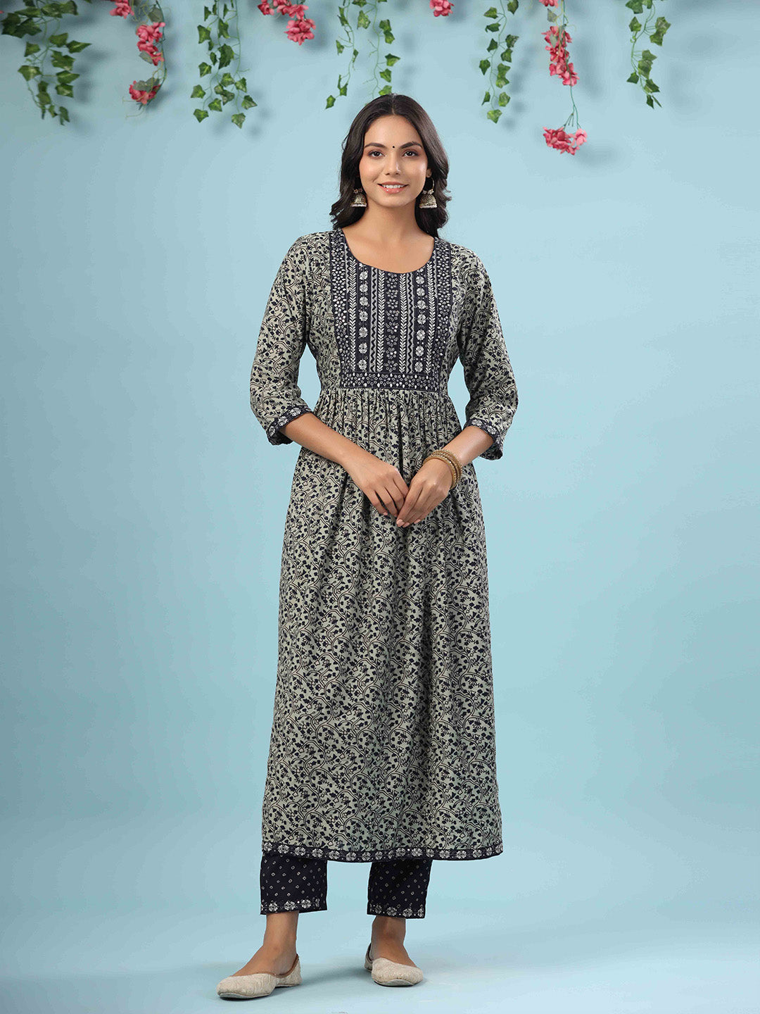 Printed Cotton Kurta With Pants &amp; Dupatta