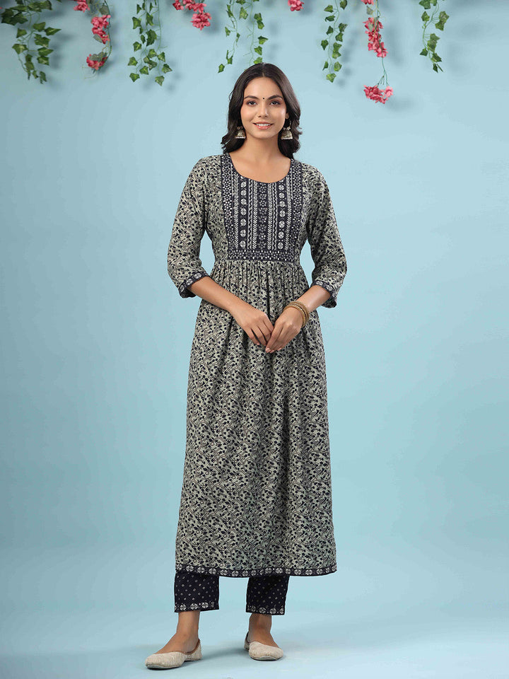 Printed Cotton Kurta With Pants &amp; Dupatta