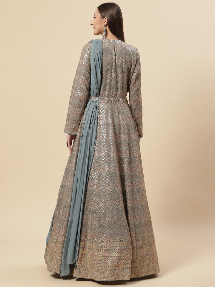 Sequin Embroidered Georgette Anarkali Kurta With Churidar &amp; Dupatta
