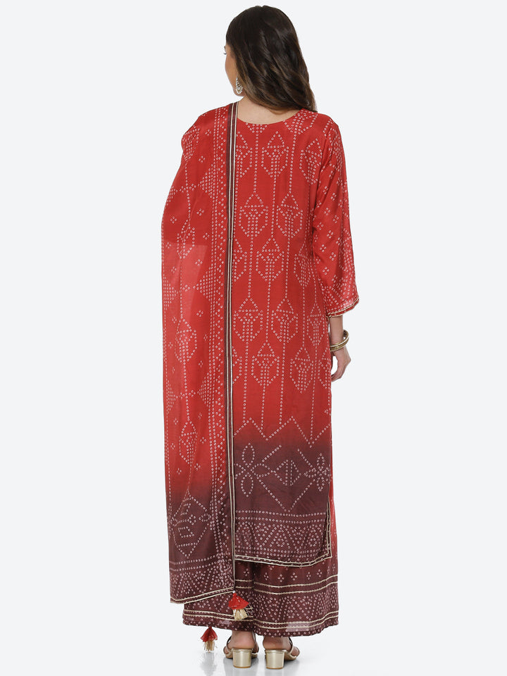 Printed Gota Neck Cotton Kurta With Palazzo &amp; Dupatta