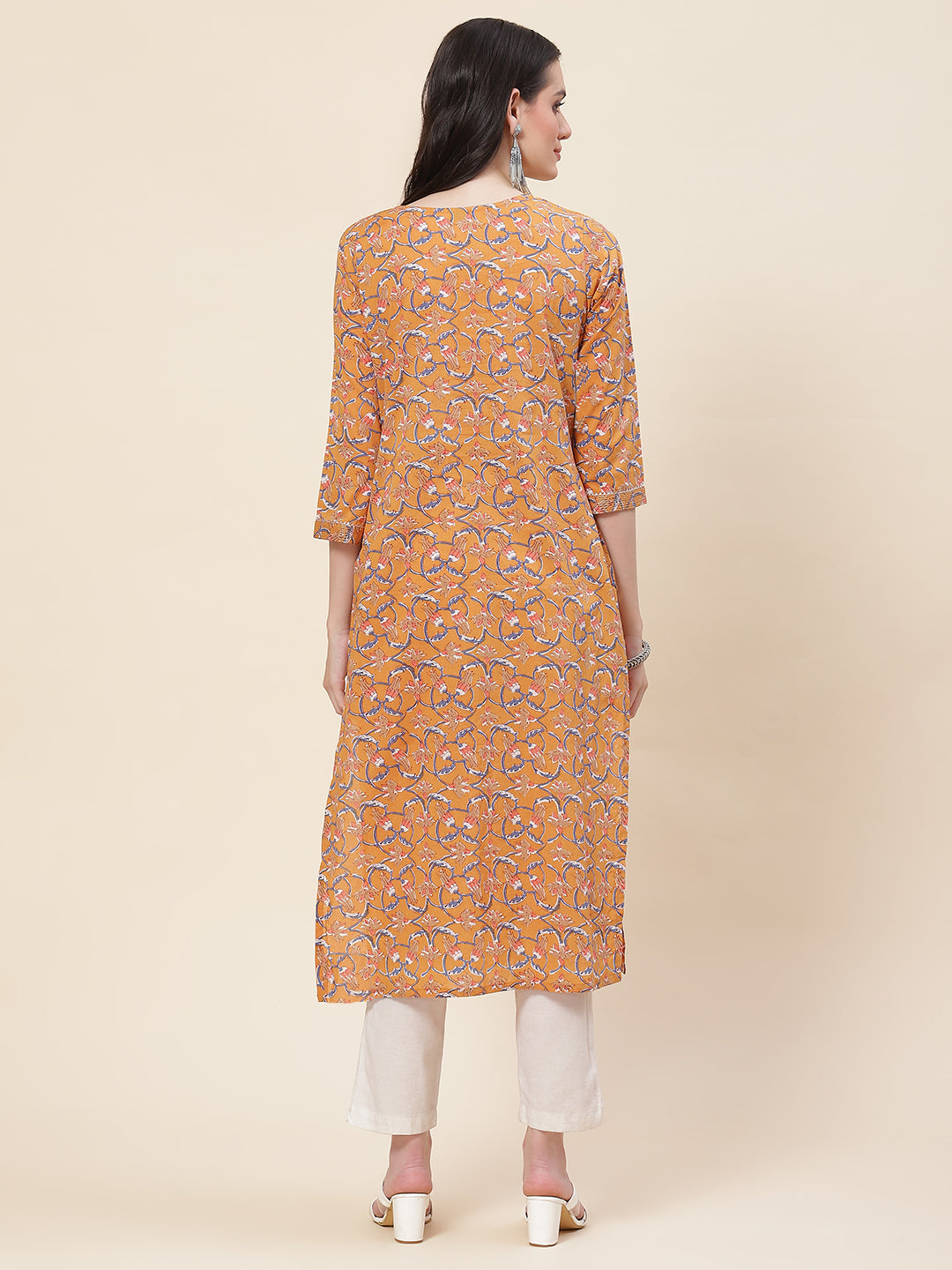 Printed &amp; Neck Embroidered Cotton Kurta