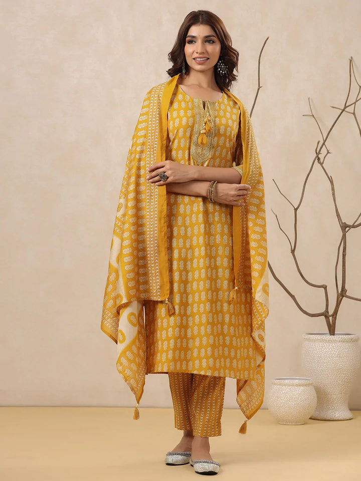 Block Printed Muslin Kurta With Pants &amp; Dupatta