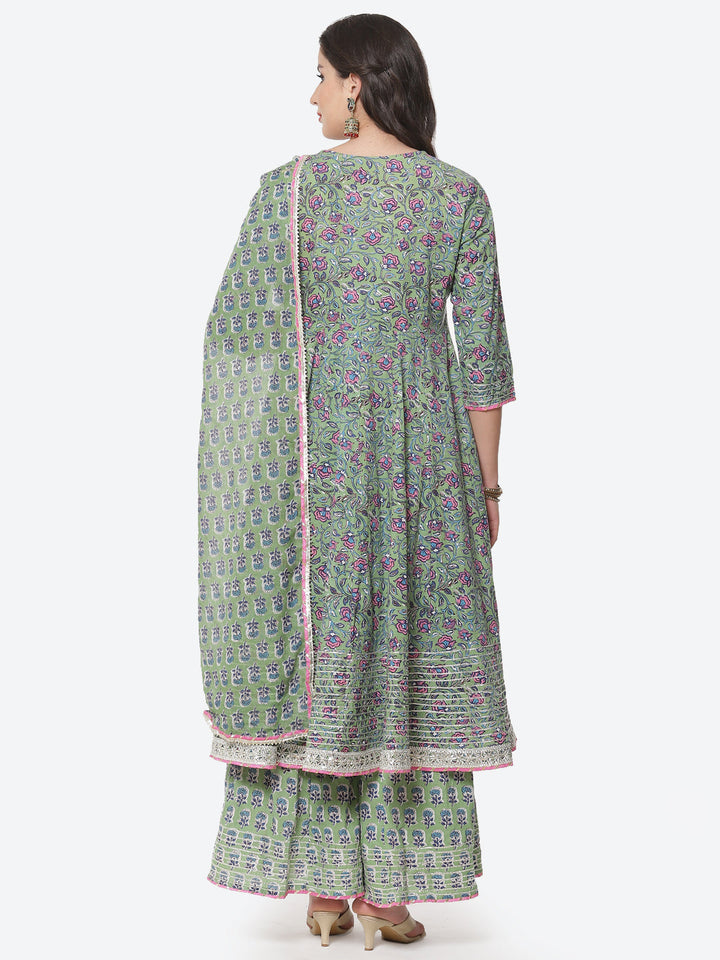 Block Printed Cotton Anarkali Kurti With Palazzo And Printed Dupatta