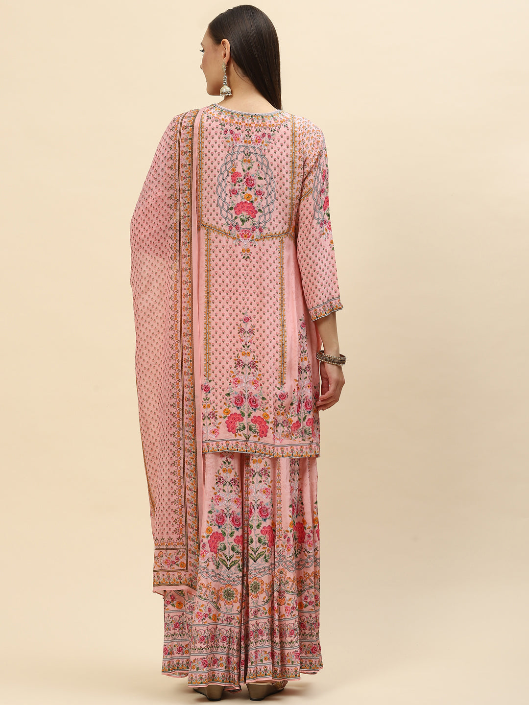 Floral Digital Printed Crepe Kurta With Sharara &amp; Net Dupatta