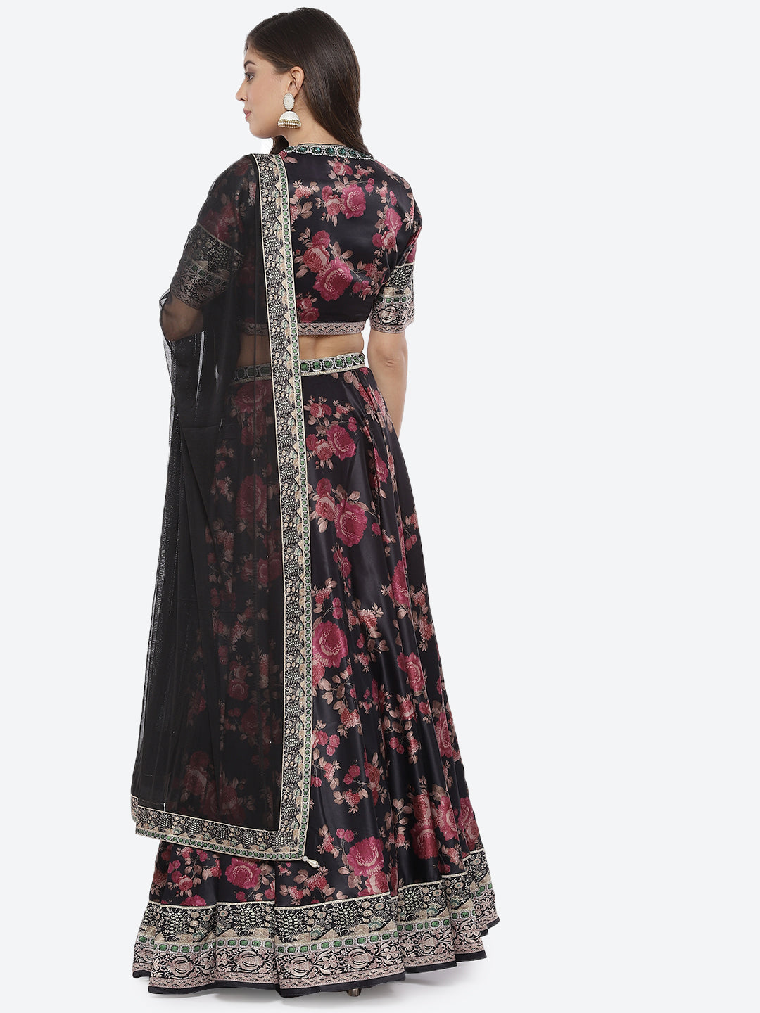 Floral Printed Satin Choli With Lehenga &amp; Net Dupatta