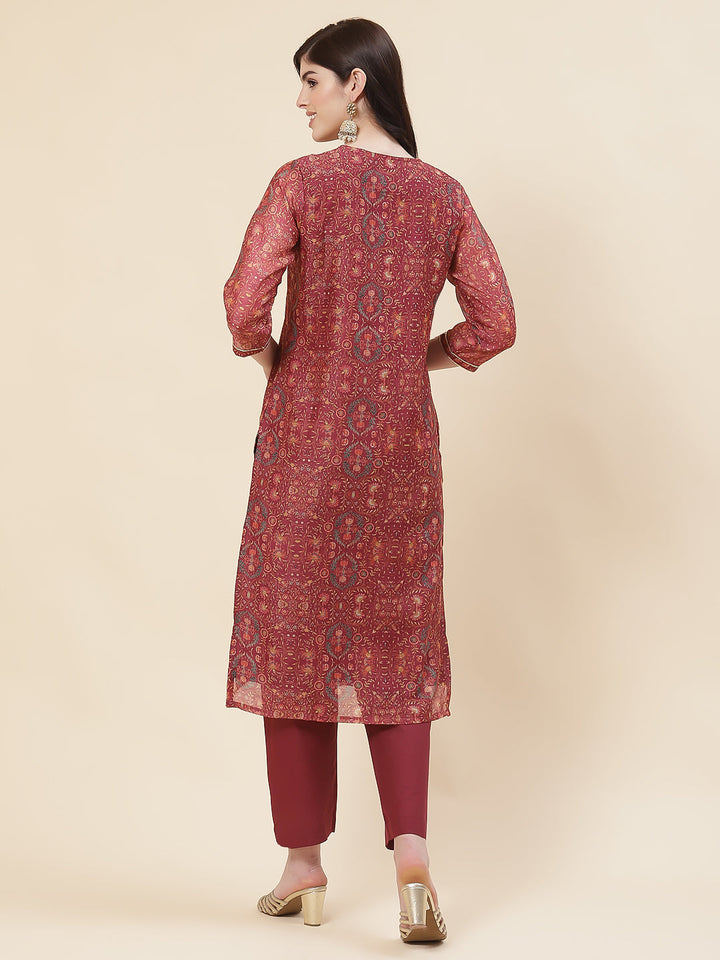 Printed Chanderi Kurta With Pants