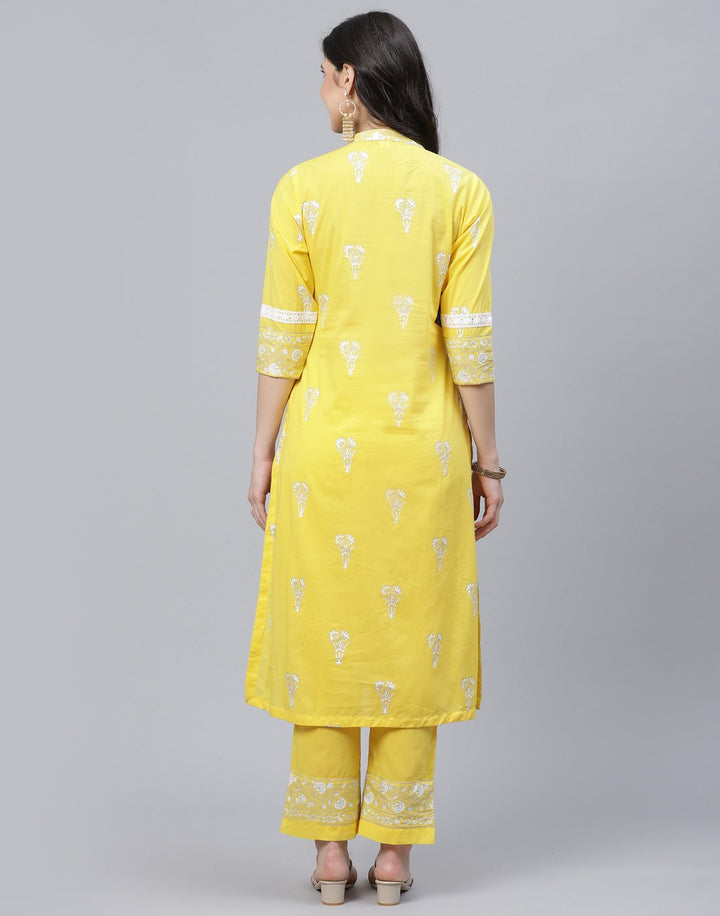 Printed Cotton Kurti Pant Set with Lace Detail