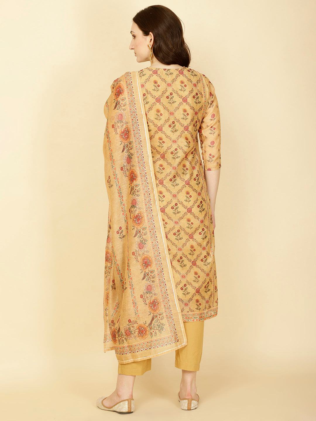 Floral Printed Chanderi Kurta With Pants &amp; Dupatta