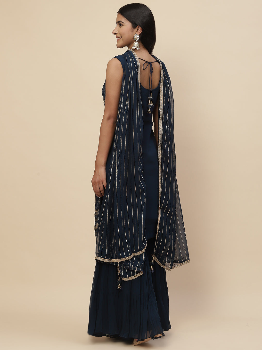Sequin Embroidered Georgette Kurta With Sharara &amp; Dupatta