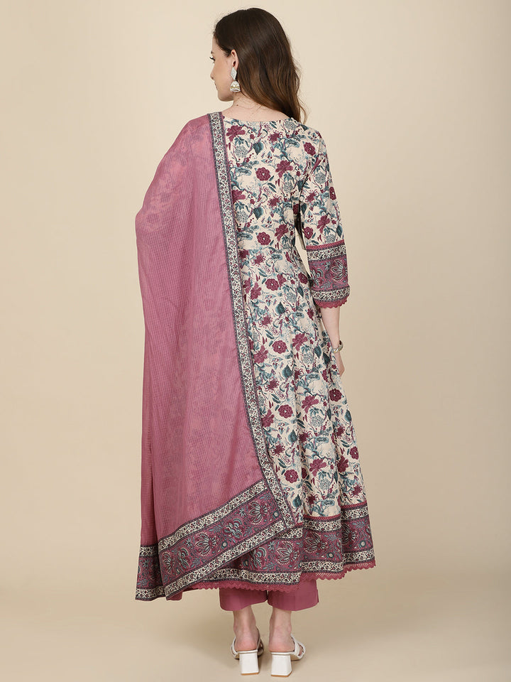 Floral Printed Cotton Kurta With Pants &amp; Dupatta
