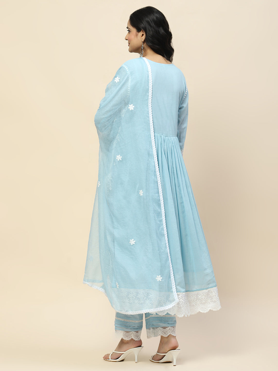 Neck Embroidery Cotton Anarkali With Pants &amp; Dupatta
