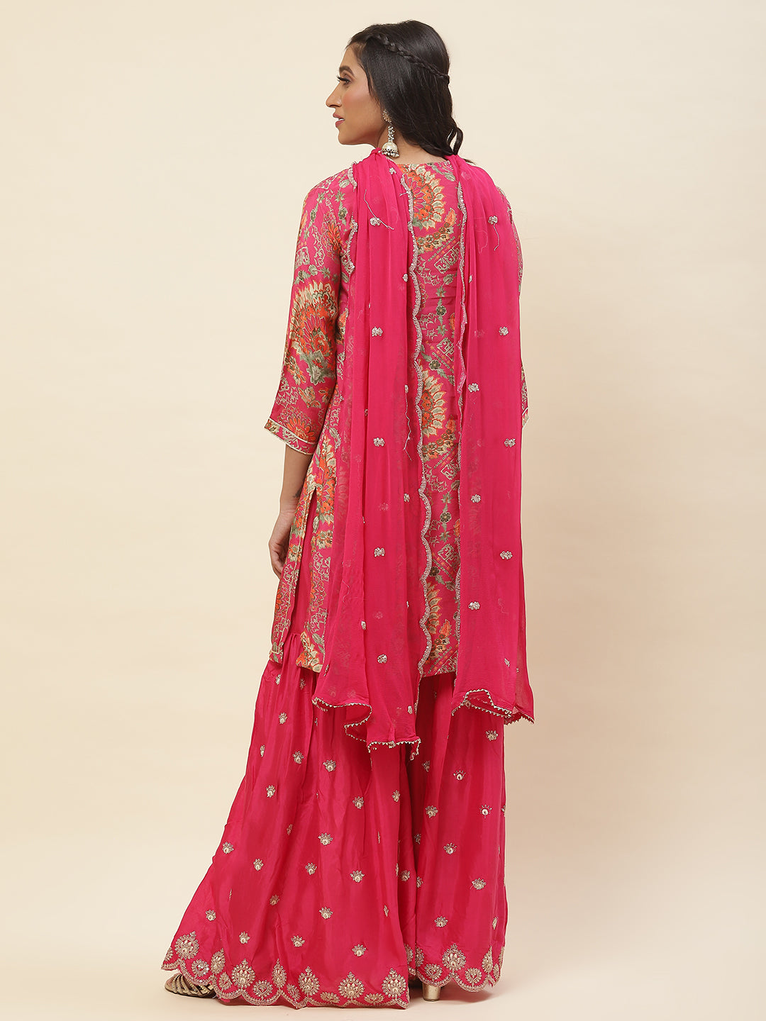 Floral Printed Cotton Kurta With Sharara &amp; Dupatta