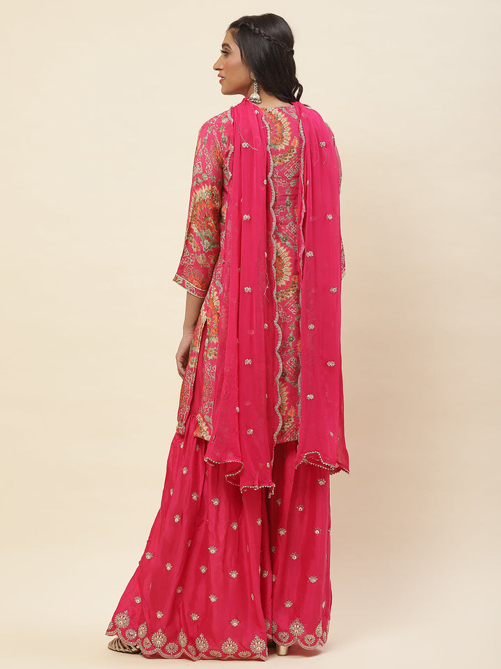 Floral Printed Cotton Kurta With Sharara &amp; Dupatta