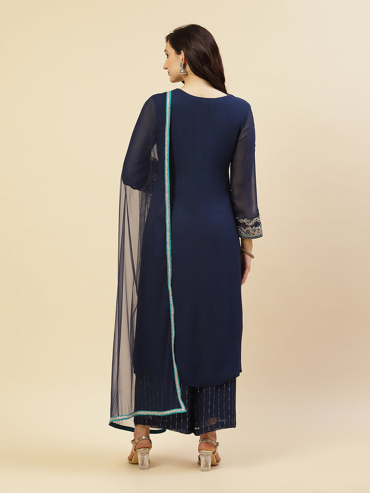 Embroidered Georgette Kurti With Palazzo And Dupatta
