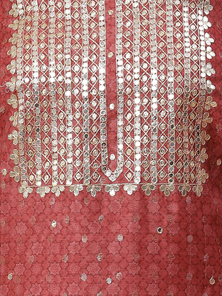 Neck Embroidered &amp; Printed Chanderi Unstitched Suit Piece With Dupatta