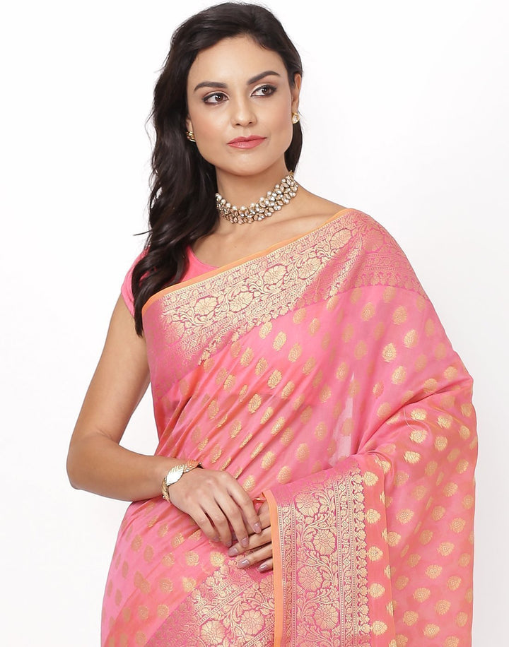 MBZ Meena Bazaar-Pink Cotton Woven Saree