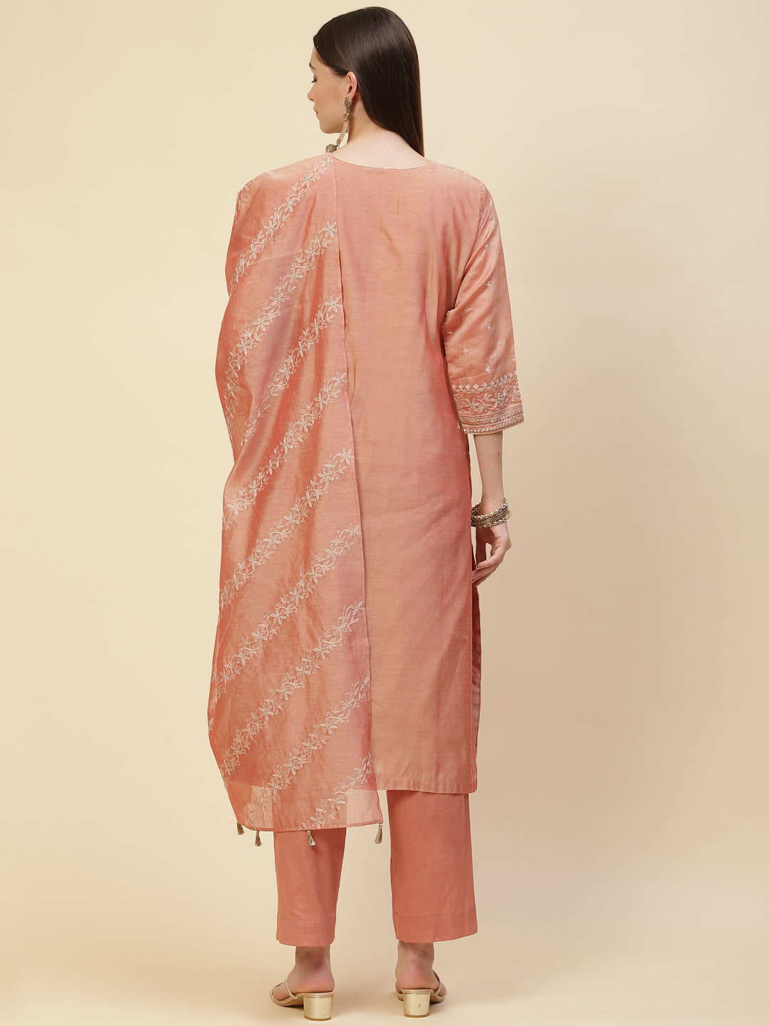 Zari Embroidered Cotton Kurta With Pants &amp; Dupatta