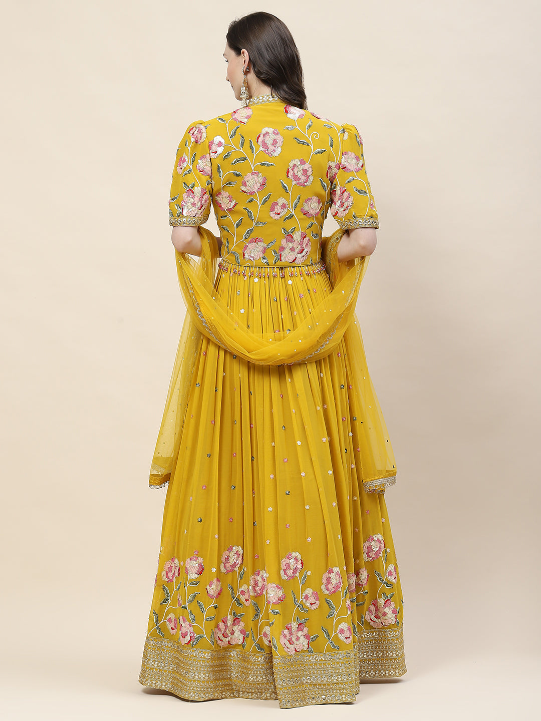 Floral Sequin Embroidery Georgette Kurta With Jacket &amp; Dupatta